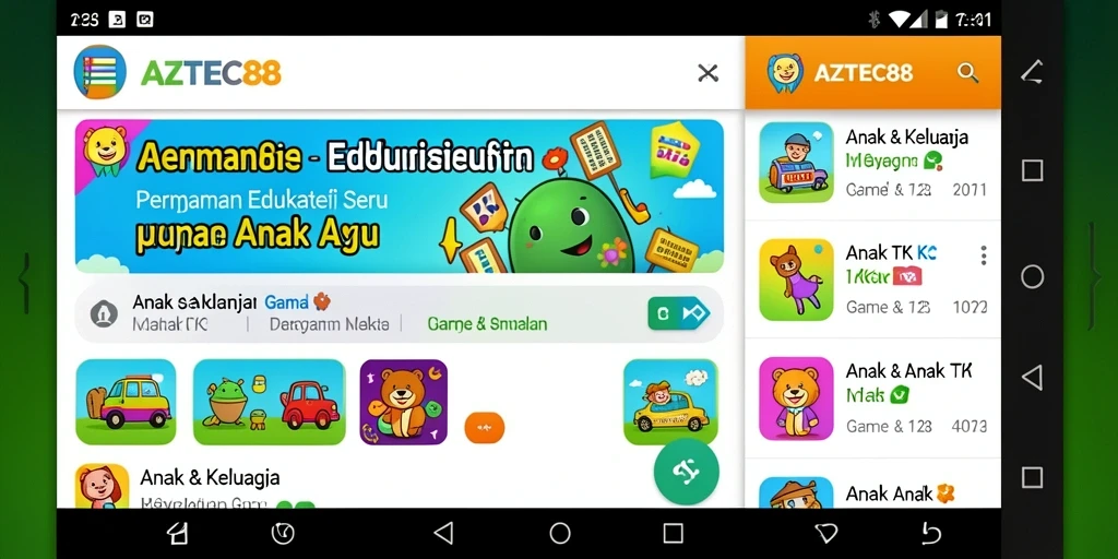 Antarmuka AZTEC88 yang ceria dan interaktif untuk Game Anak TK.